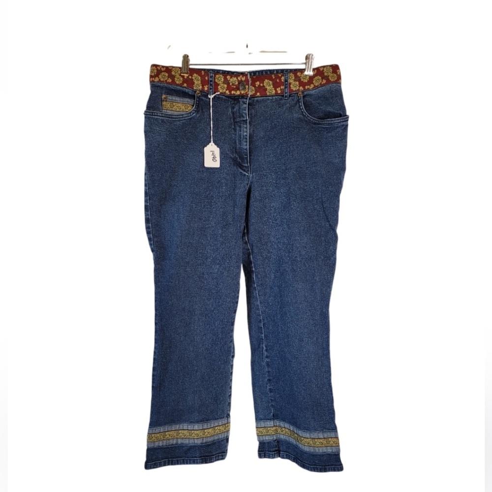 Willi Smith Jean cropped 12 med blue stretch floral ribbon embellished.
